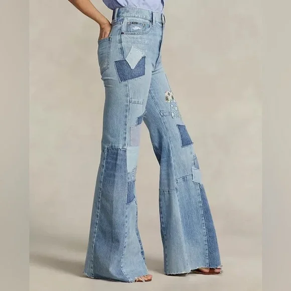 Polo Ralph LaurenPatchwork High Rise Flare Leg Jeans in Blue